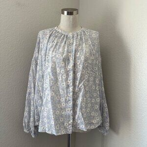 Dôen Cotton Button Up Blouse Blue Dolman Sleeve Floral Print Oversized Feminine